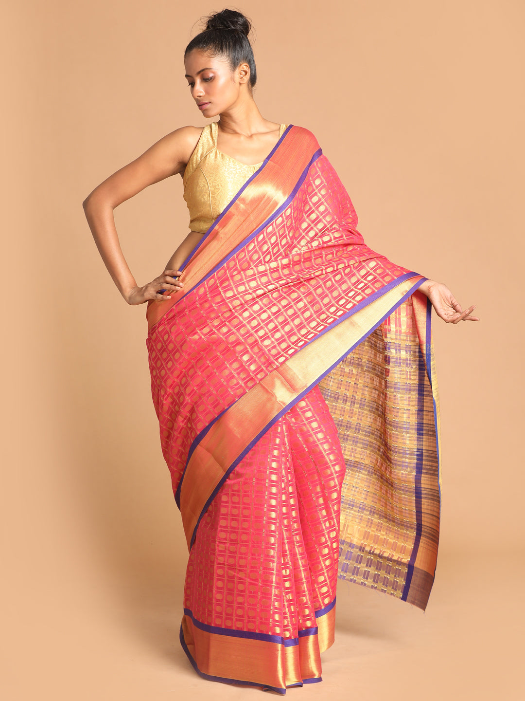 Indethnic Magenta Woven Design Saree - View 1