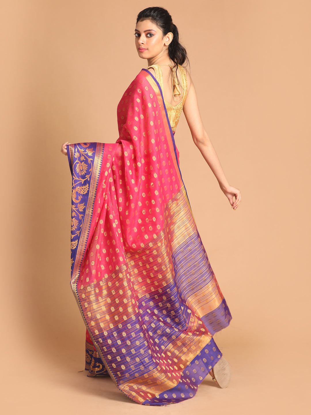 Indethnic Magenta Woven Design Saree - View 1