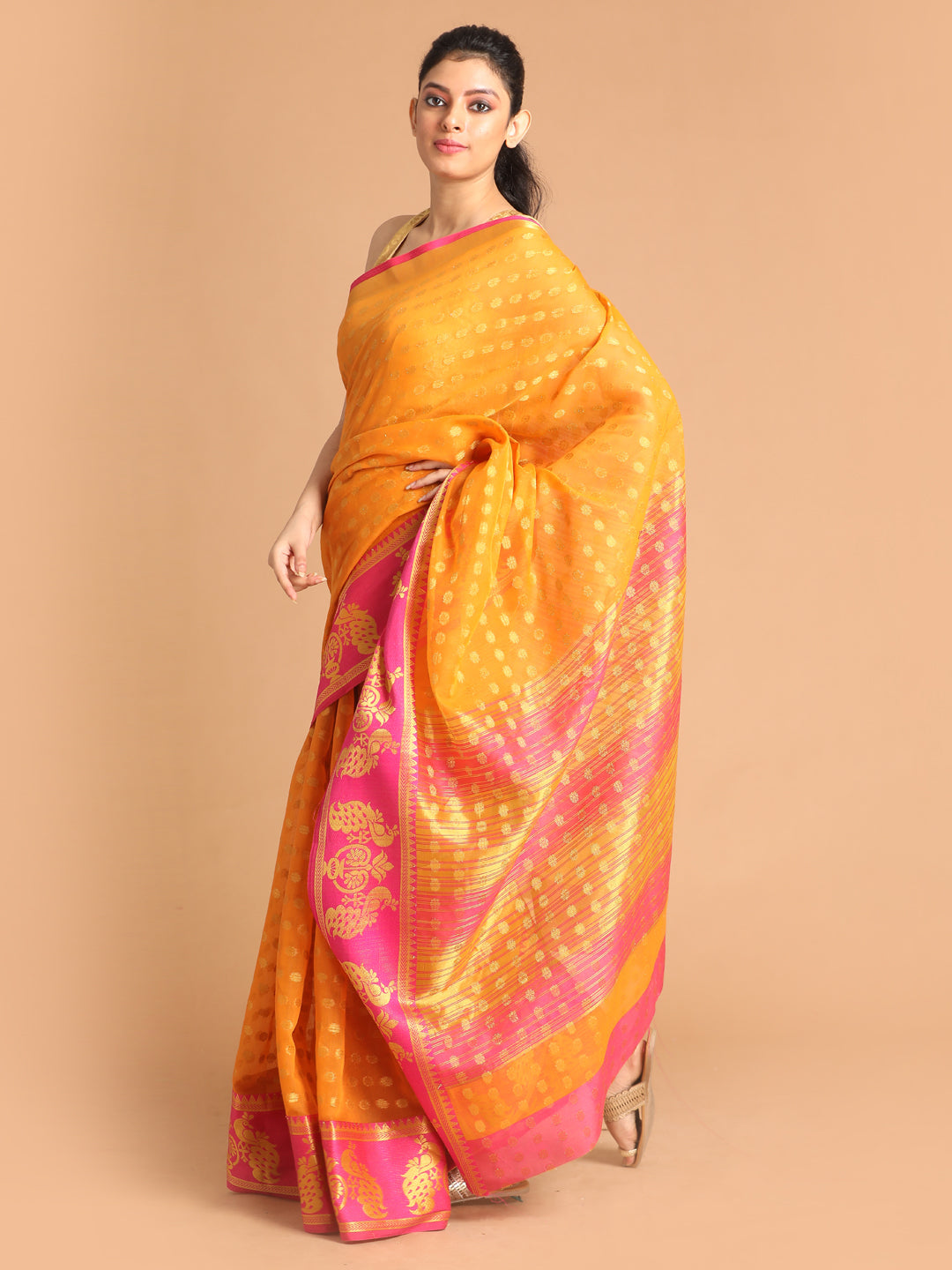 Indethnic Mustard Woven Design Saree - View 1