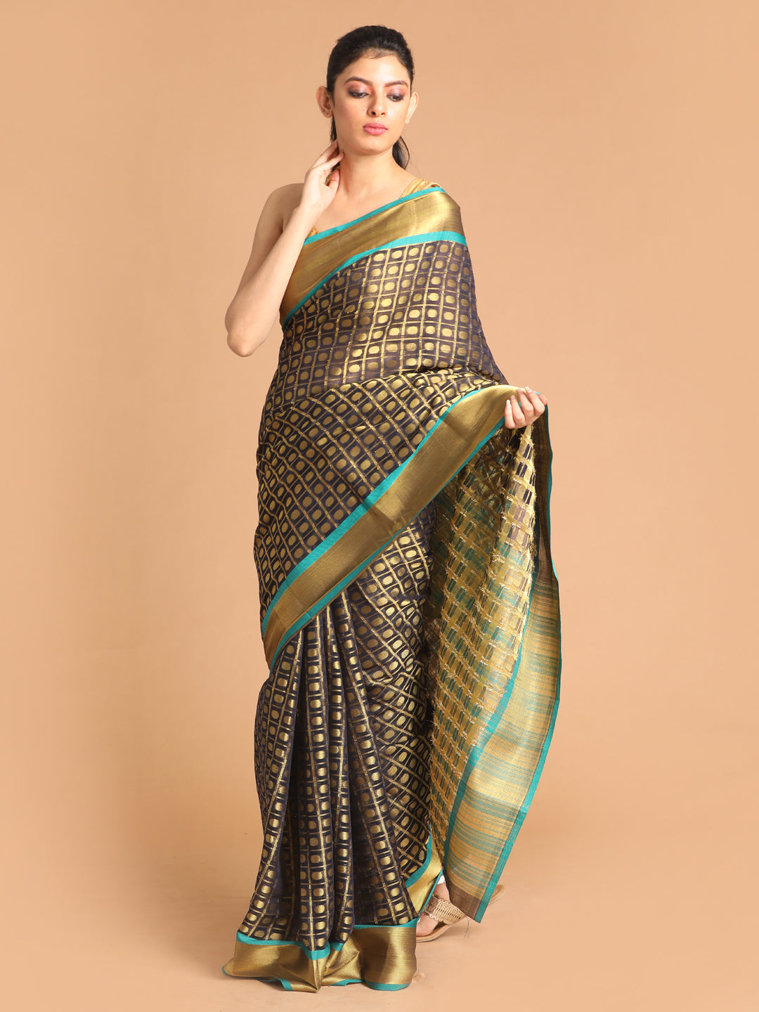 Indethnic Navy Blue Woven Design Saree - View 1