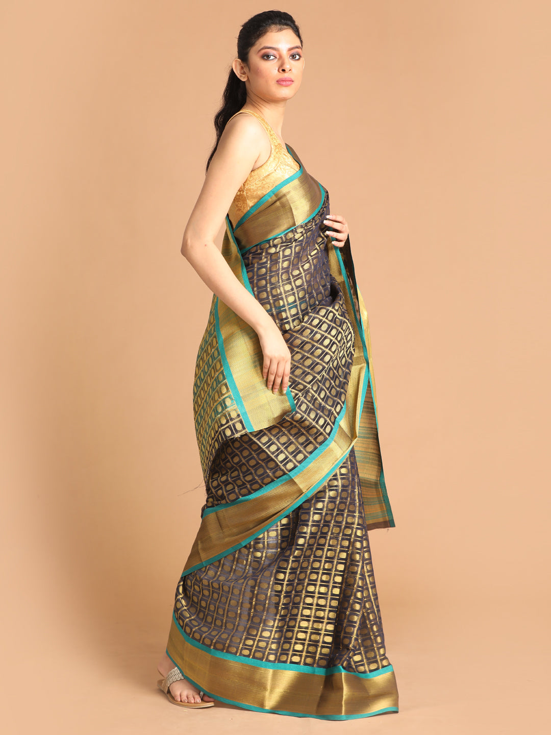 Indethnic Navy Blue Woven Design Saree - View 2