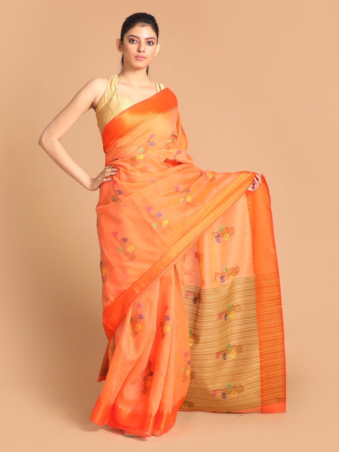 Indethnic Orange Woven Design Saree - View 1