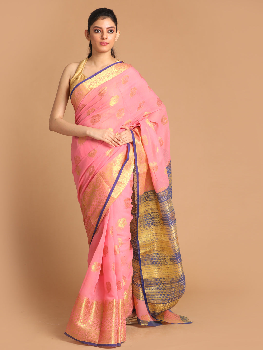 Indethnic Pink Woven Design Saree - View 1