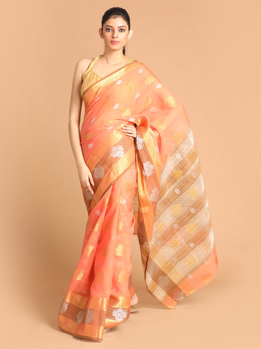 Indethnic Pink Woven Design Saree - View 1