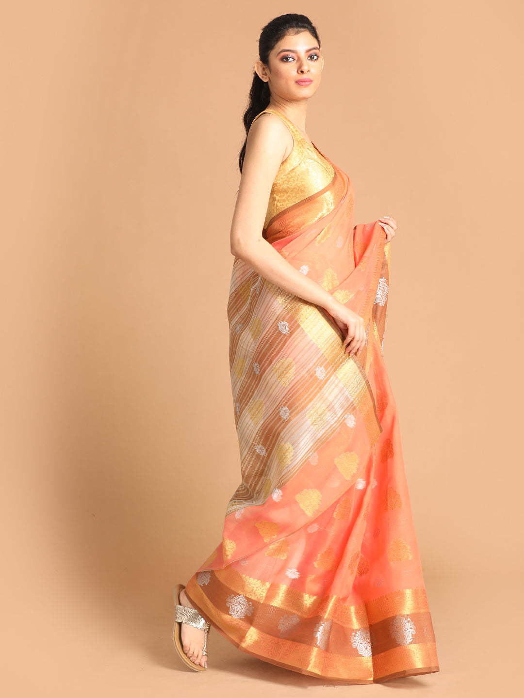 Indethnic Pink Woven Design Saree - View 2