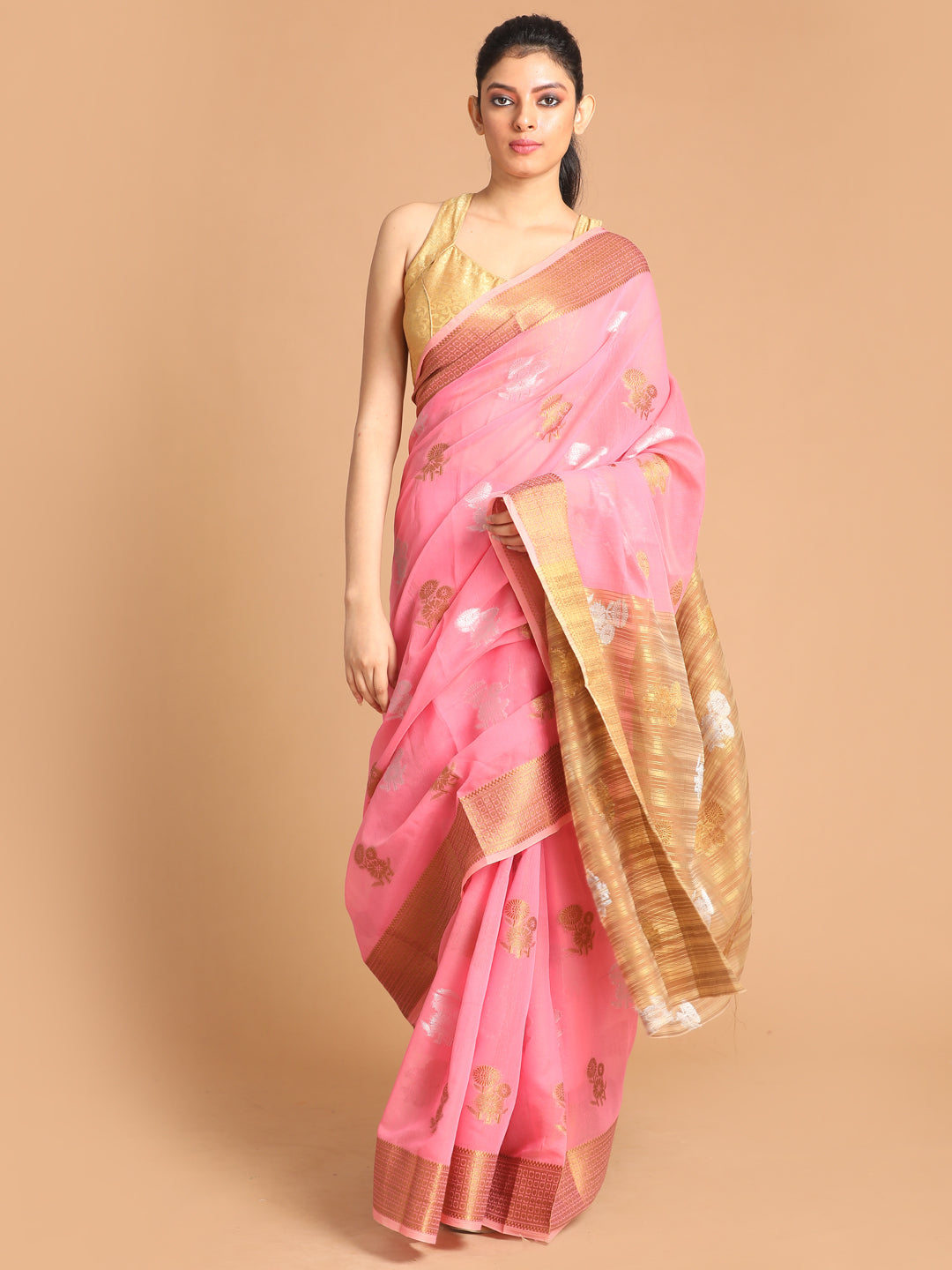 Indethnic Pink Woven Design Saree - View 1