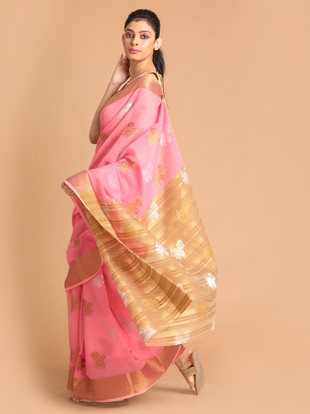 Indethnic Pink Woven Design Saree - View 3