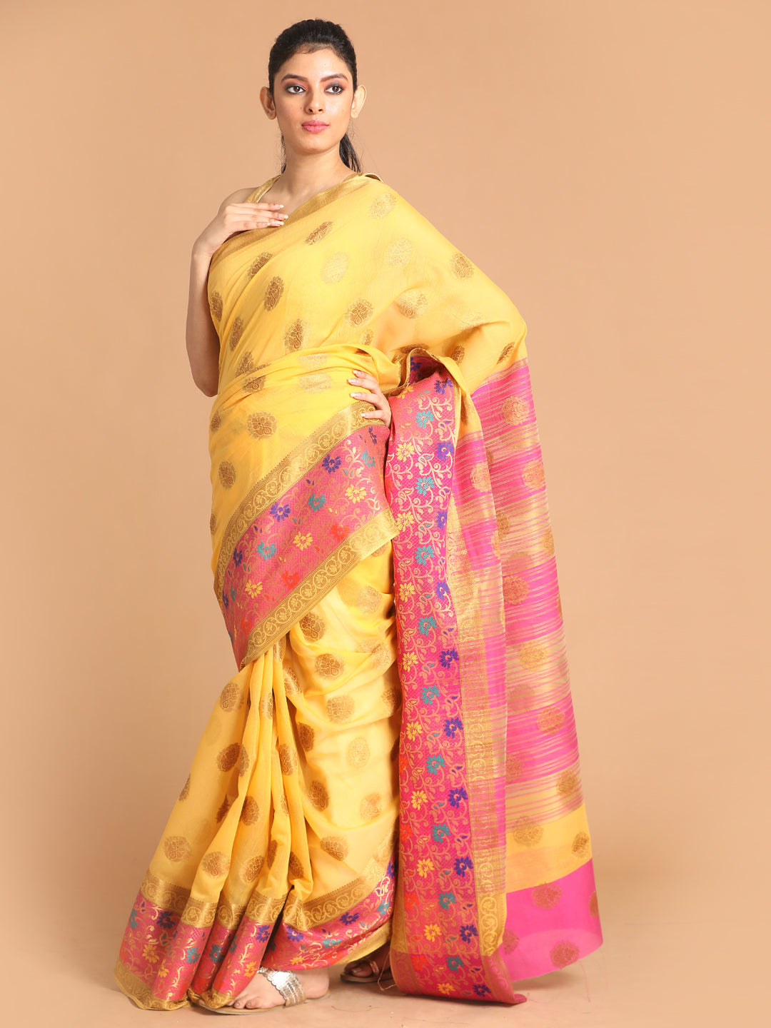 Indethnic Yellow Woven Design Saree - View 1