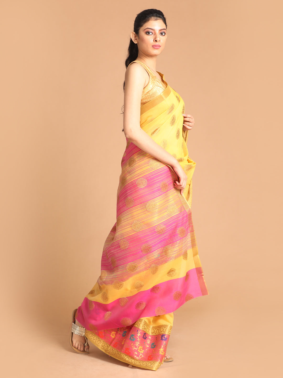 Indethnic Yellow Woven Design Saree - View 2