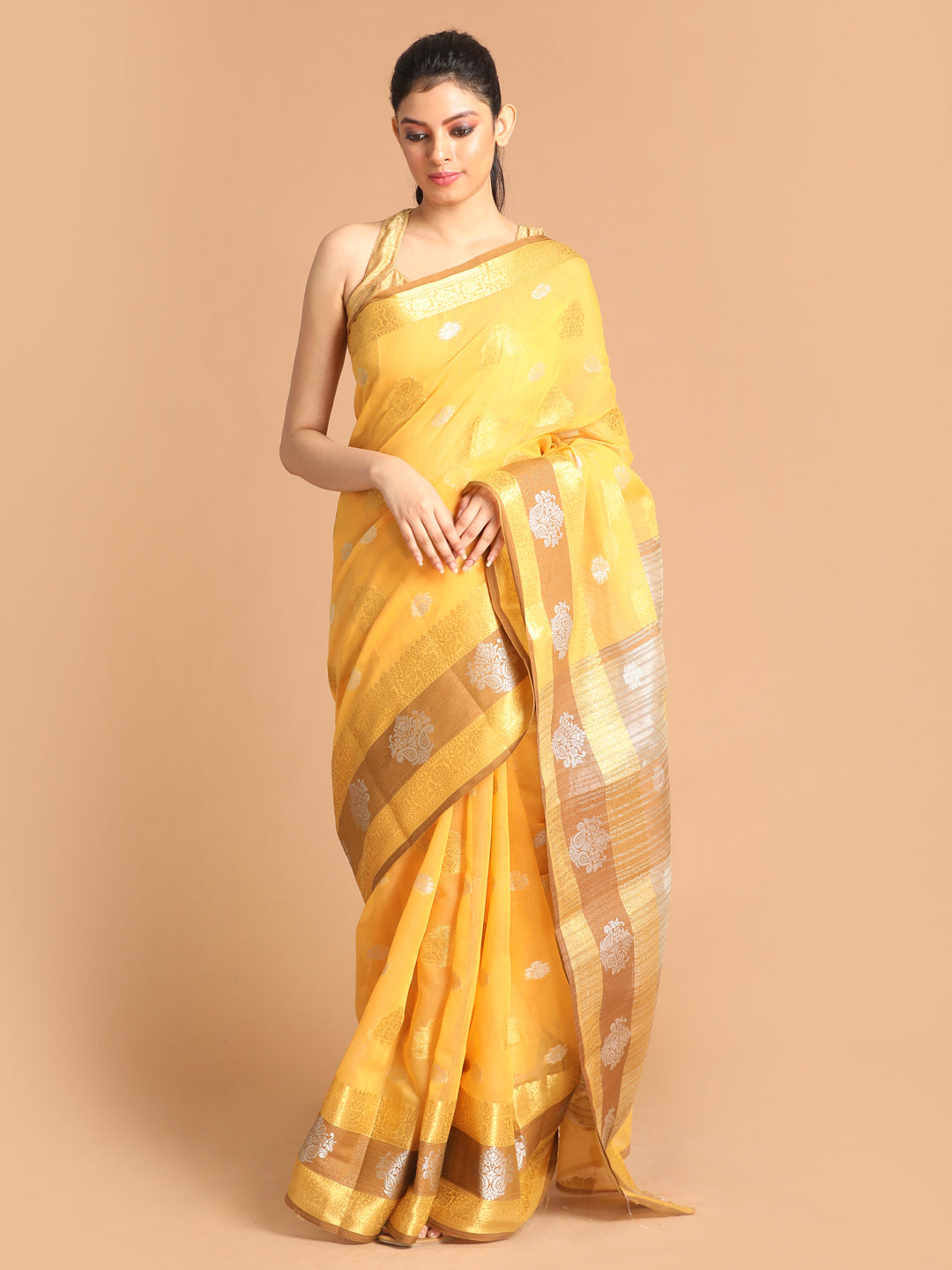 Indethnic Yellow Woven Design Saree - View 1