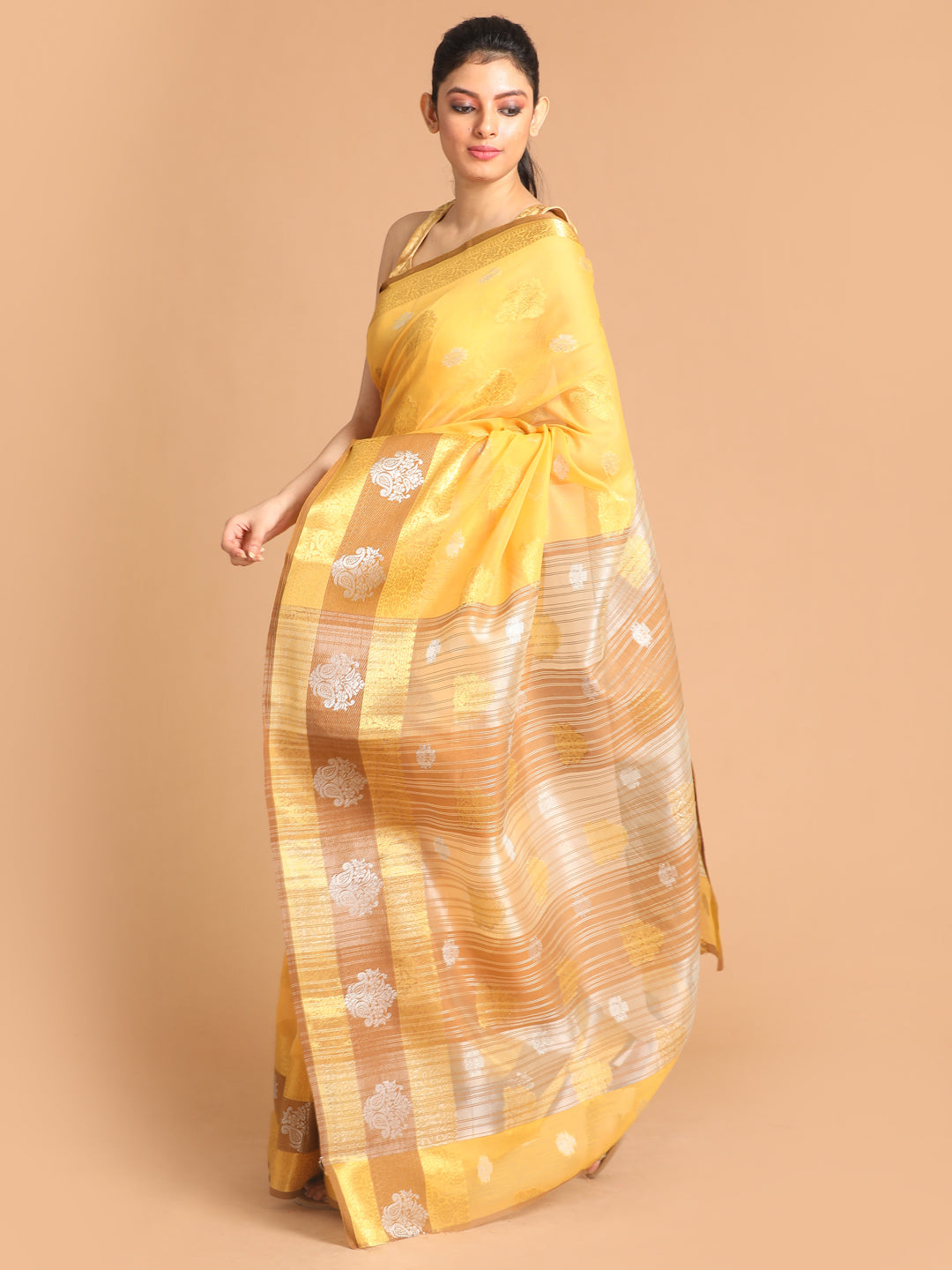 Indethnic Yellow Woven Design Saree - View 2