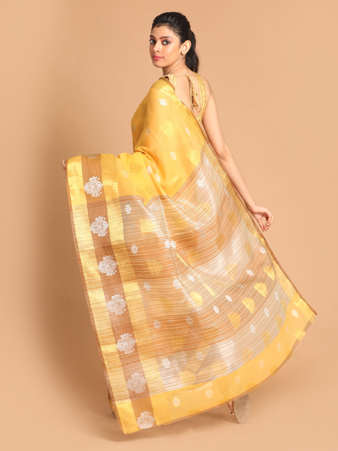 Indethnic Yellow Woven Design Saree - View 3