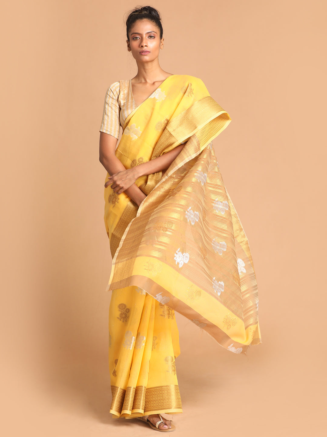 Indethnic Yellow Woven Design Saree - View 1