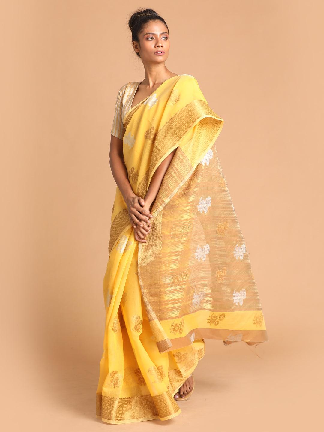 Indethnic Yellow Woven Design Saree - View 2
