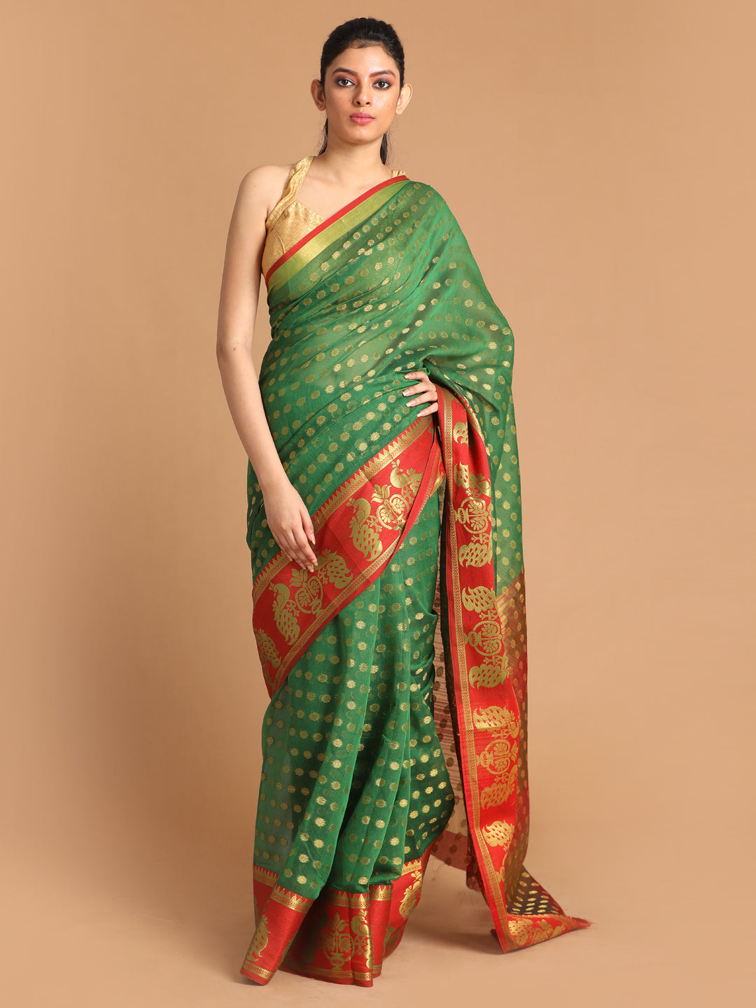 Indethnic Bottle Green Woven Design Saree - View 1