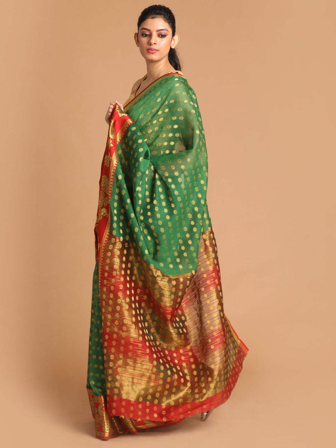 Indethnic Bottle Green Woven Design Saree - View 2