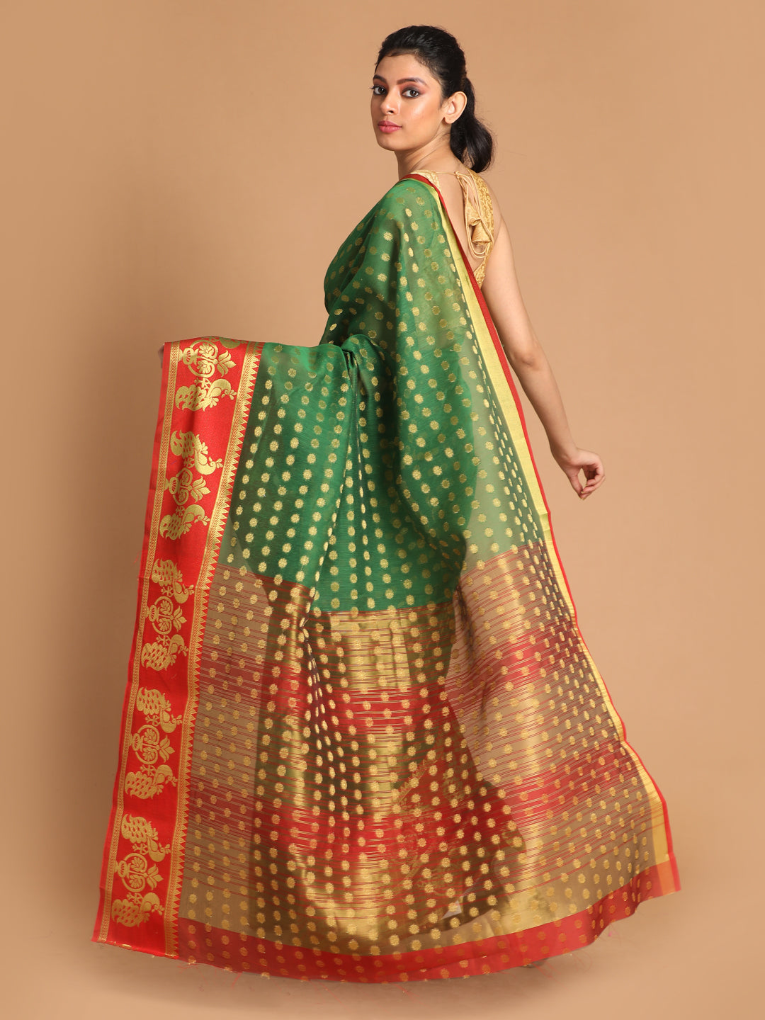 Indethnic Bottle Green Woven Design Saree - View 3