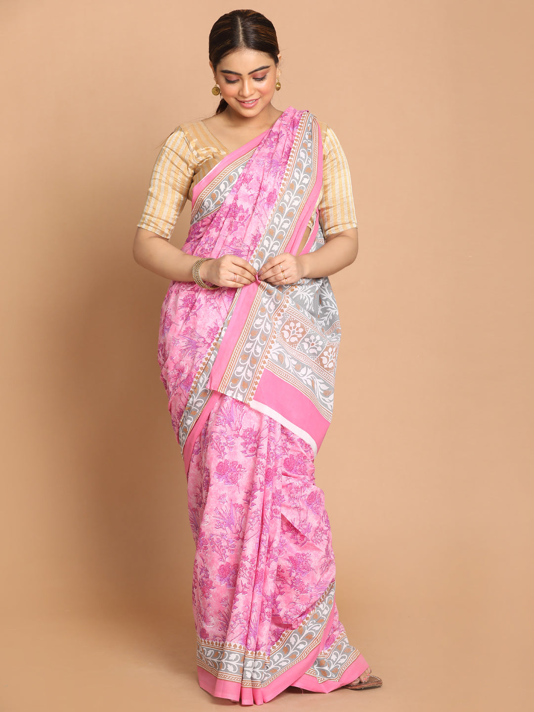 Indethnic Printed Pure Cotton Saree in Violet - View 1