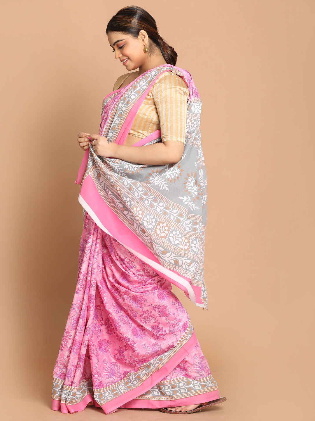 Indethnic Printed Pure Cotton Saree in Violet - View 2