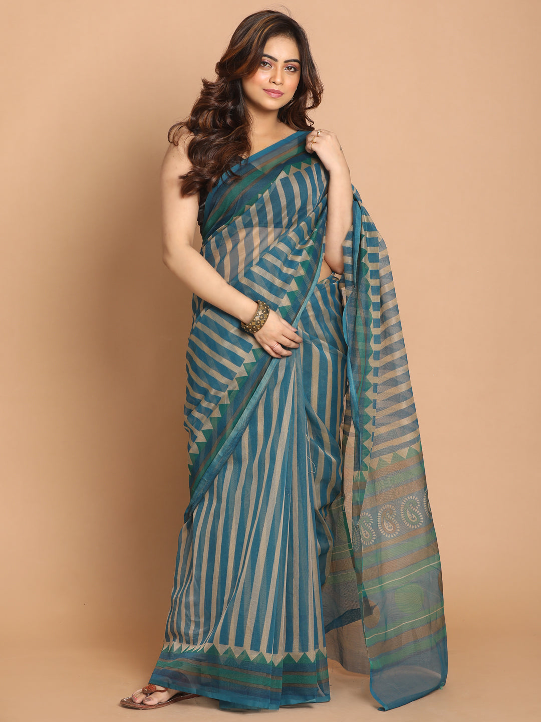 Indethnic Printed Cotton Blend Saree in taupe - View 1