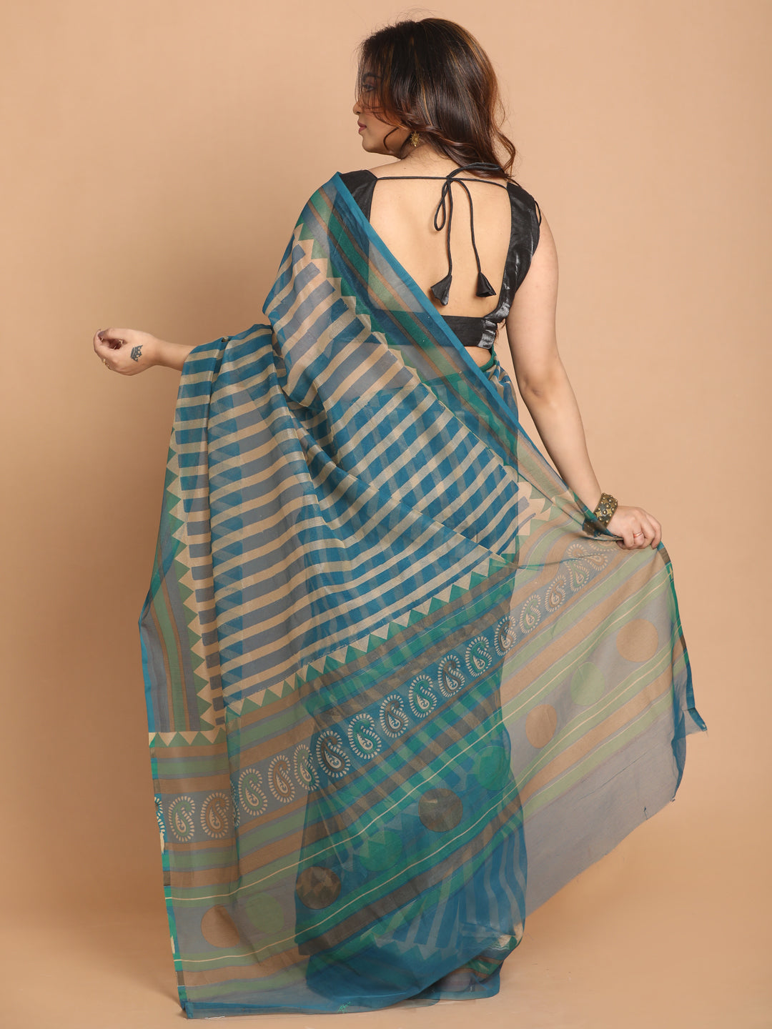 Indethnic Printed Cotton Blend Saree in taupe - View 3