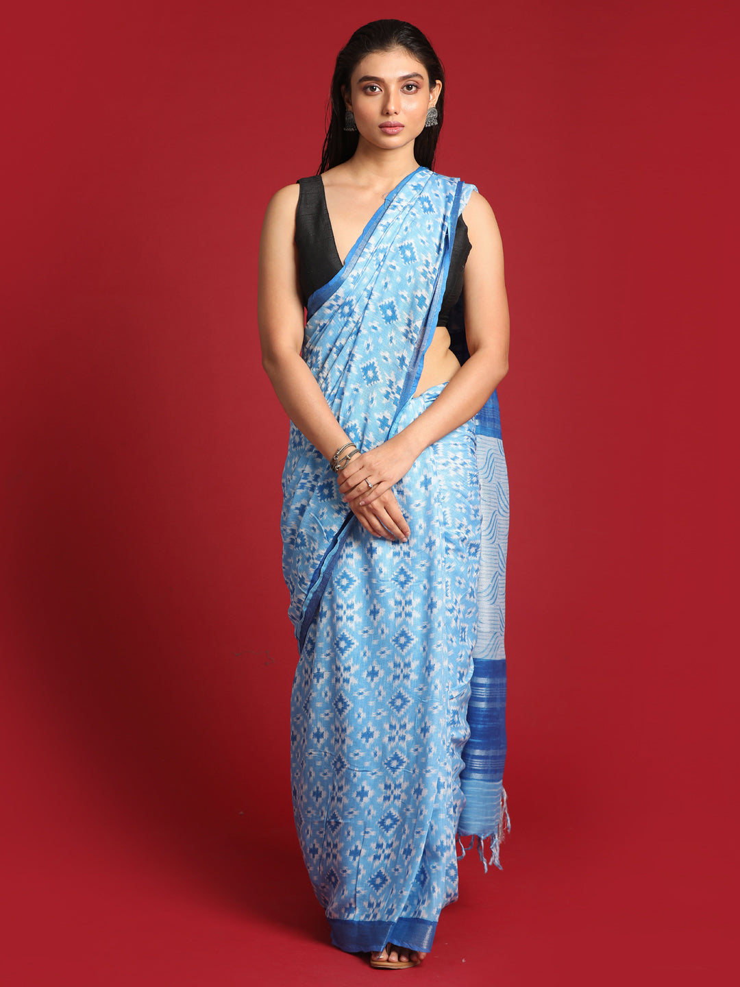 Indethnic Blue Liva Printed Saree - View 1