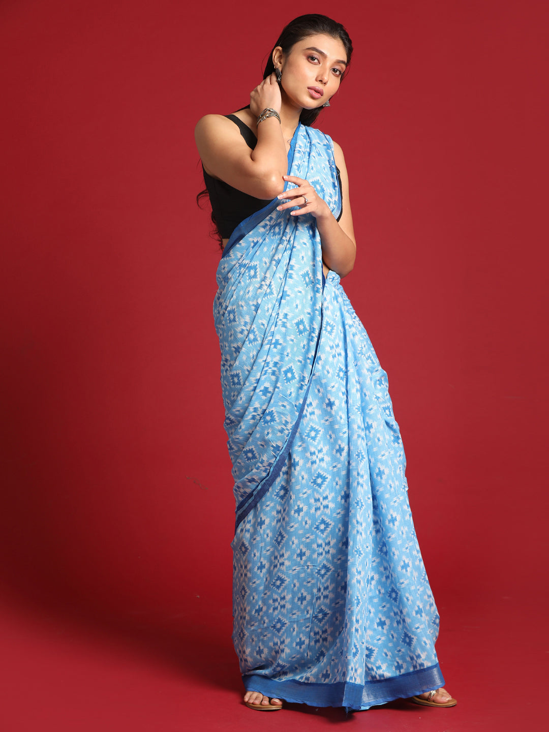 Indethnic Blue Liva Printed Saree - View 3