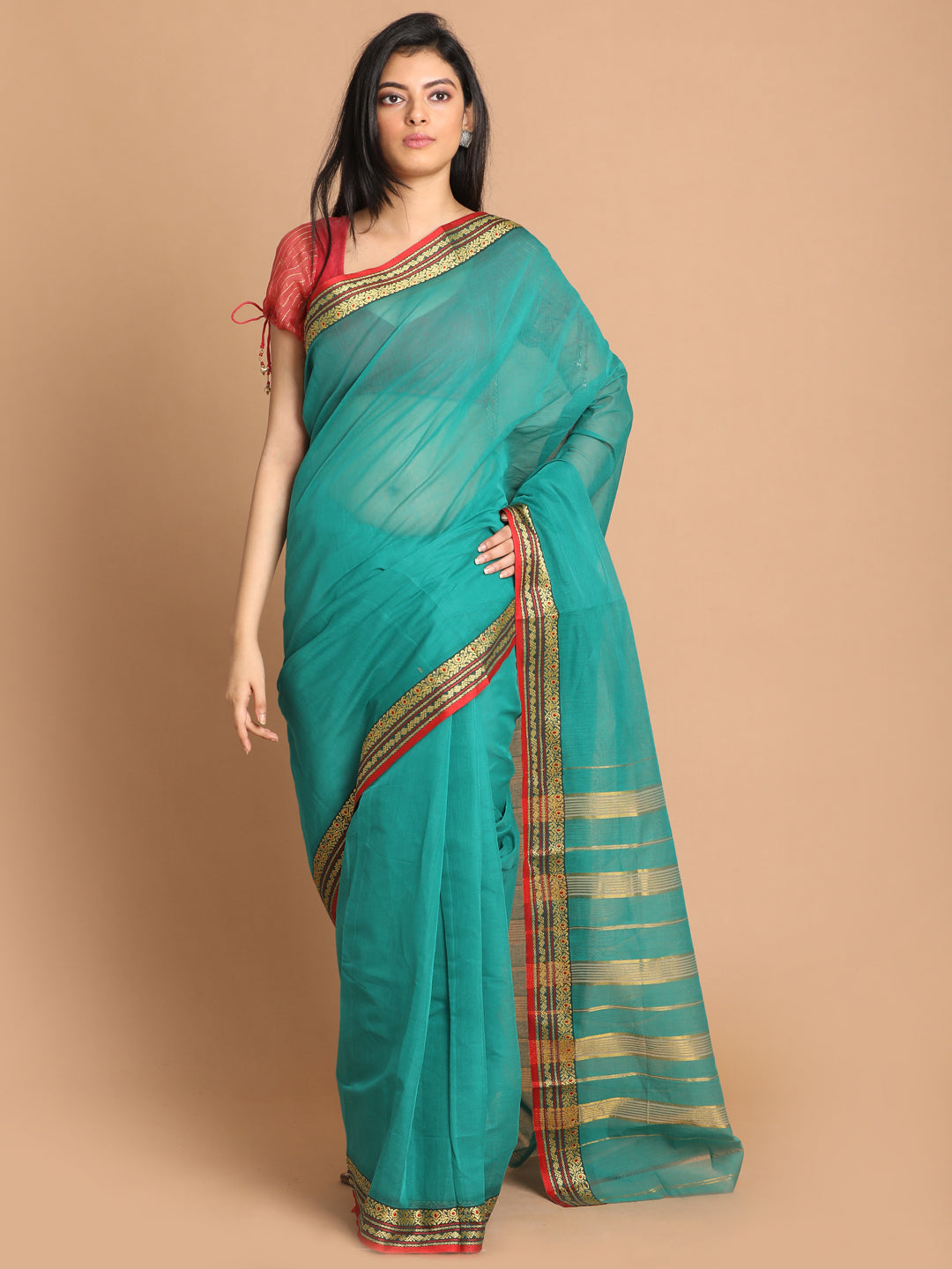 Indethnic Olive Pure Cotton Solid Saree - View 1