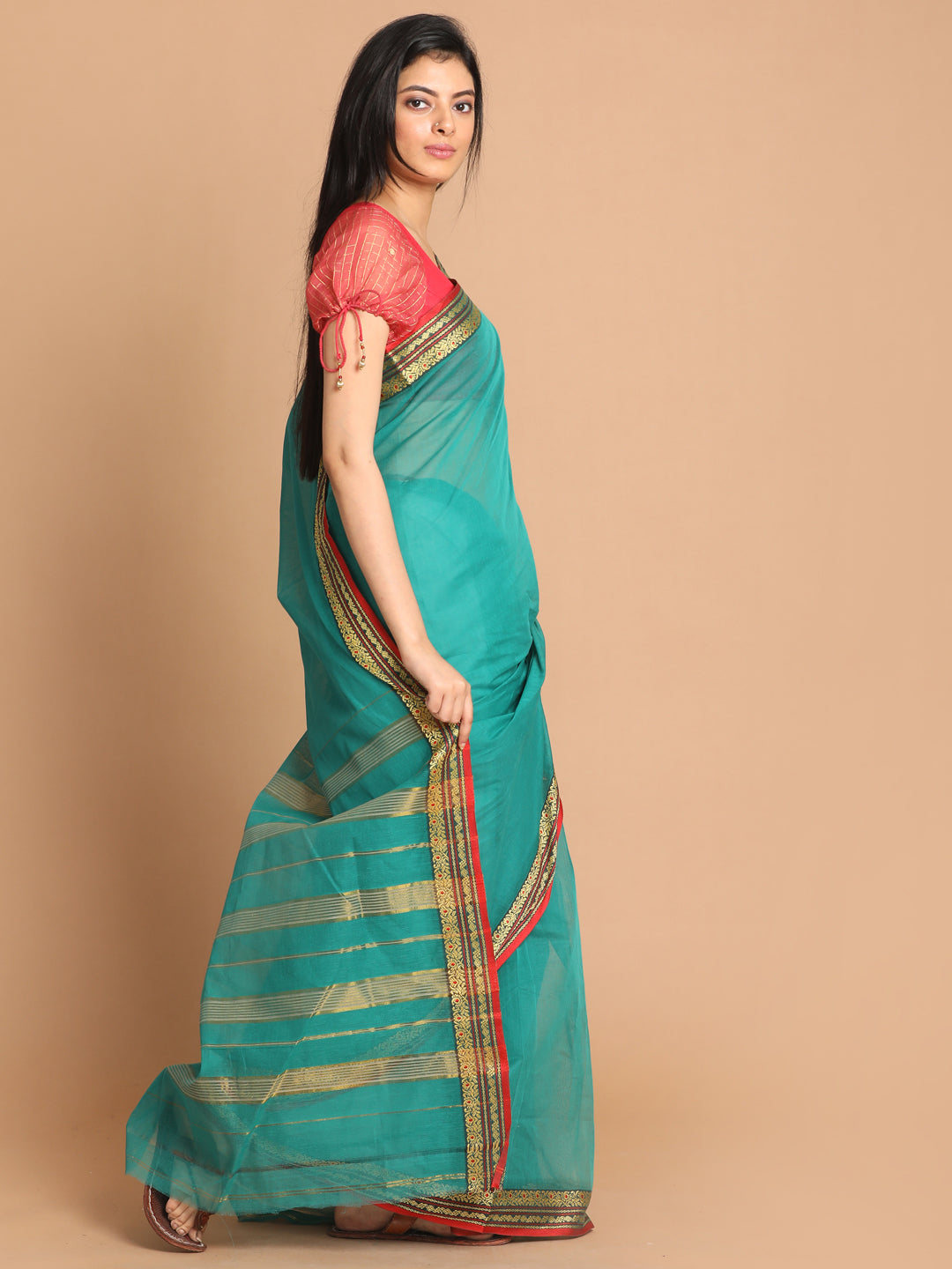 Indethnic Olive Pure Cotton Solid Saree - View 2