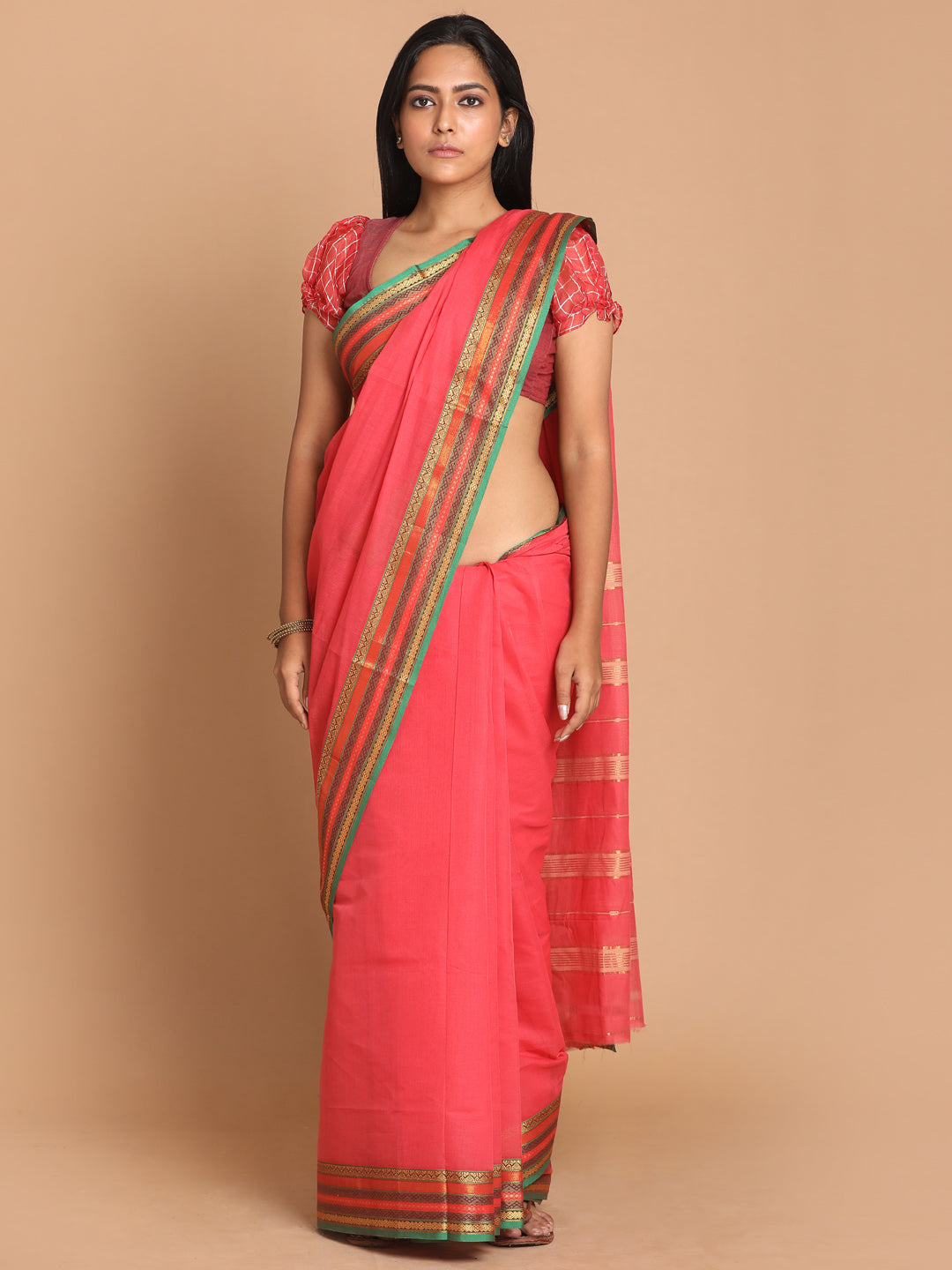 Indethnic Pink Pure Cotton Solid Saree - View 1