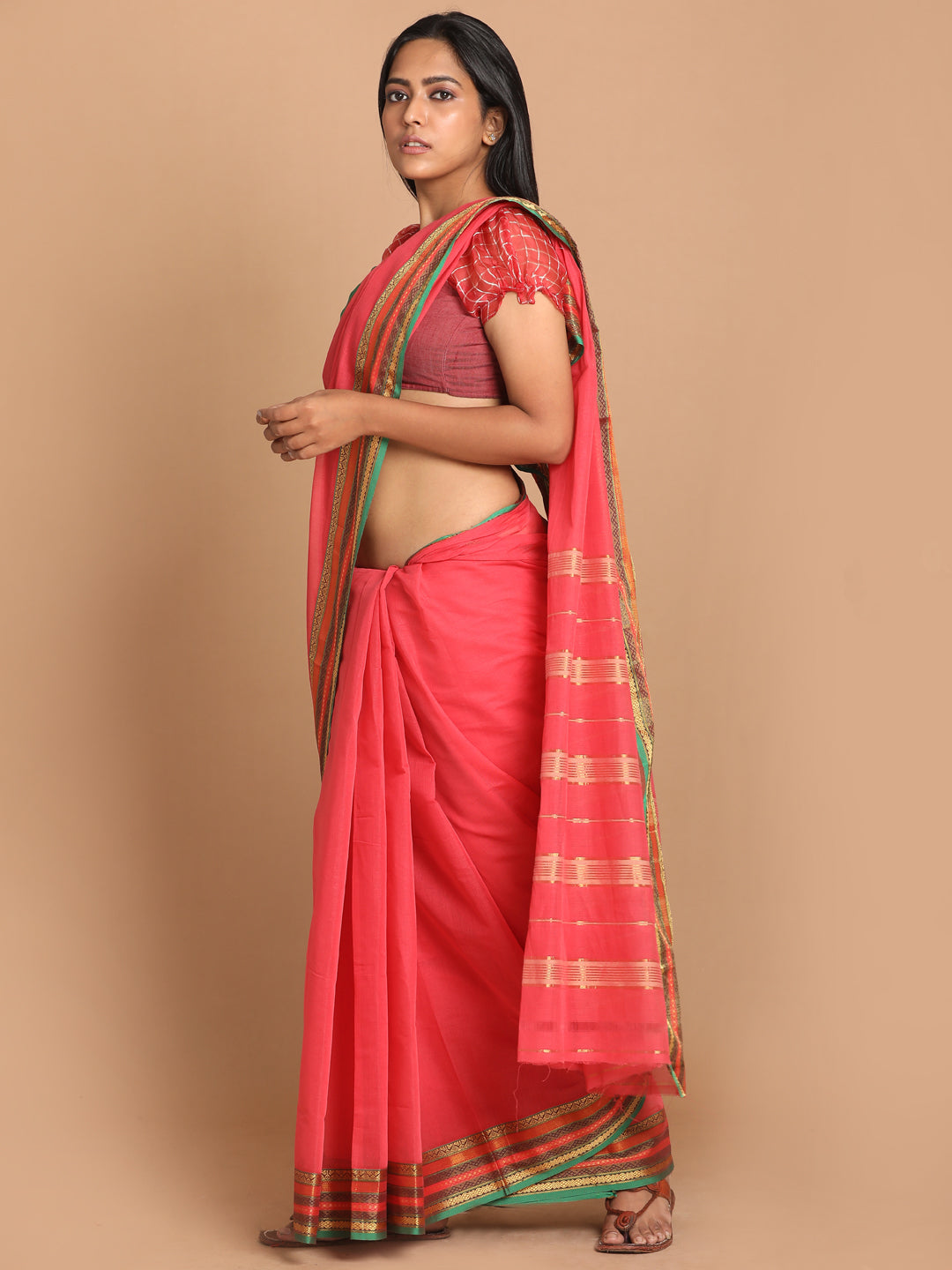 Indethnic Pink Pure Cotton Solid Saree - View 2