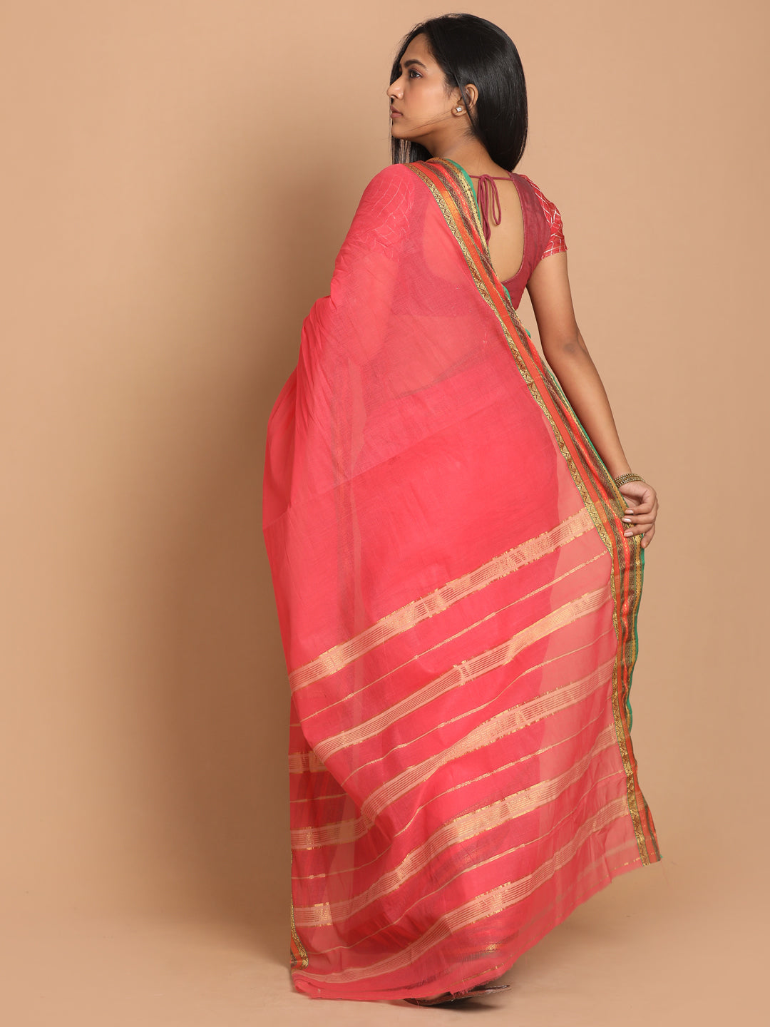Indethnic Pink Pure Cotton Solid Saree - View 3