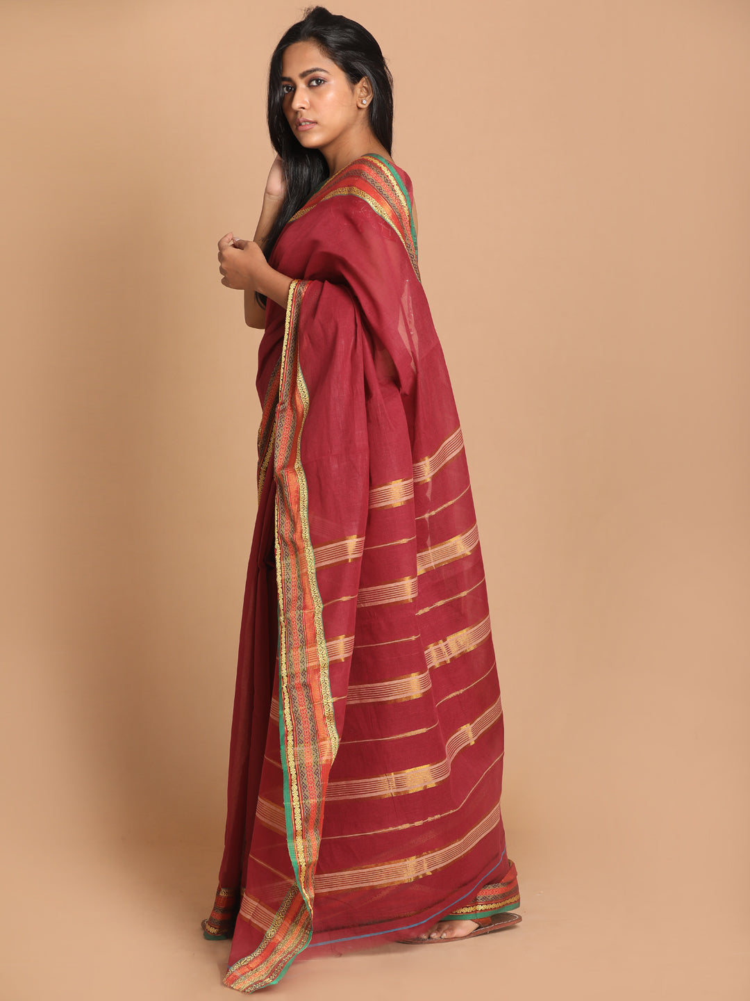 Indethnic Maroon Pure Cotton Solid Saree - View 2