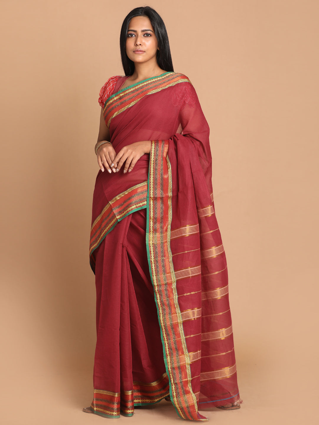 Indethnic Maroon Pure Cotton Solid Saree - View 1